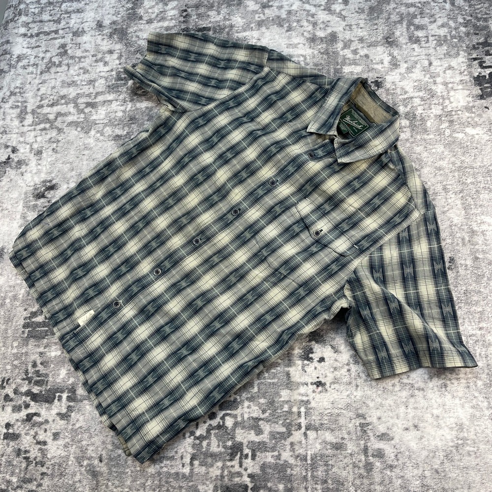 Woolrich‎ Men M Plaid Short Sleeve Shirt Grey Blue Cotton Westerncore Cowboy